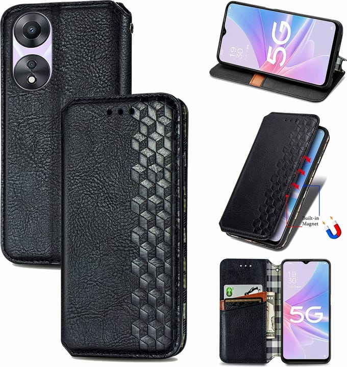 Luxe PU Lederen Ruitpatroon Wallet Case + PMMA Screenprotector voor OPPO A78 5G _ Zwart