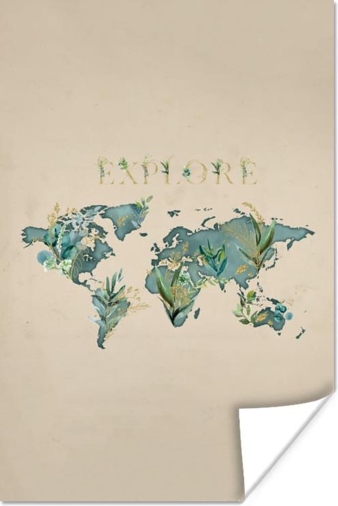 Poster - Wereldkaart - Turquoise - Planten - 80x120 cm