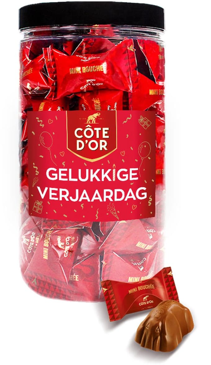 Cote d'Or Mini Bouchée chocolade met opschrift "Happy Birthday!" - chocolade verjaardagscadeau - melkchocolade met praliné - 500g