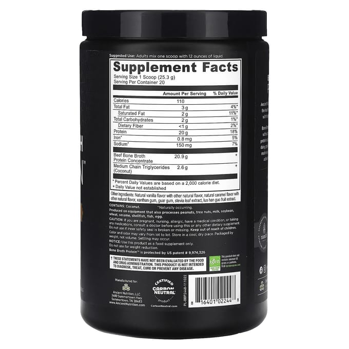 Ancient Nutrition, Protéine de Bouillon d'Os, Saveur Caramel Salé, 1,12 lb (506 g)