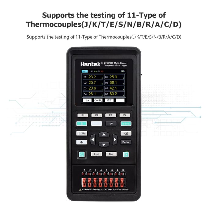Hantek HTM208B 8-kanaals temperatuurdatalogger, oplaadbaar, draagbaar, temperatuurregistratie EU Plug
