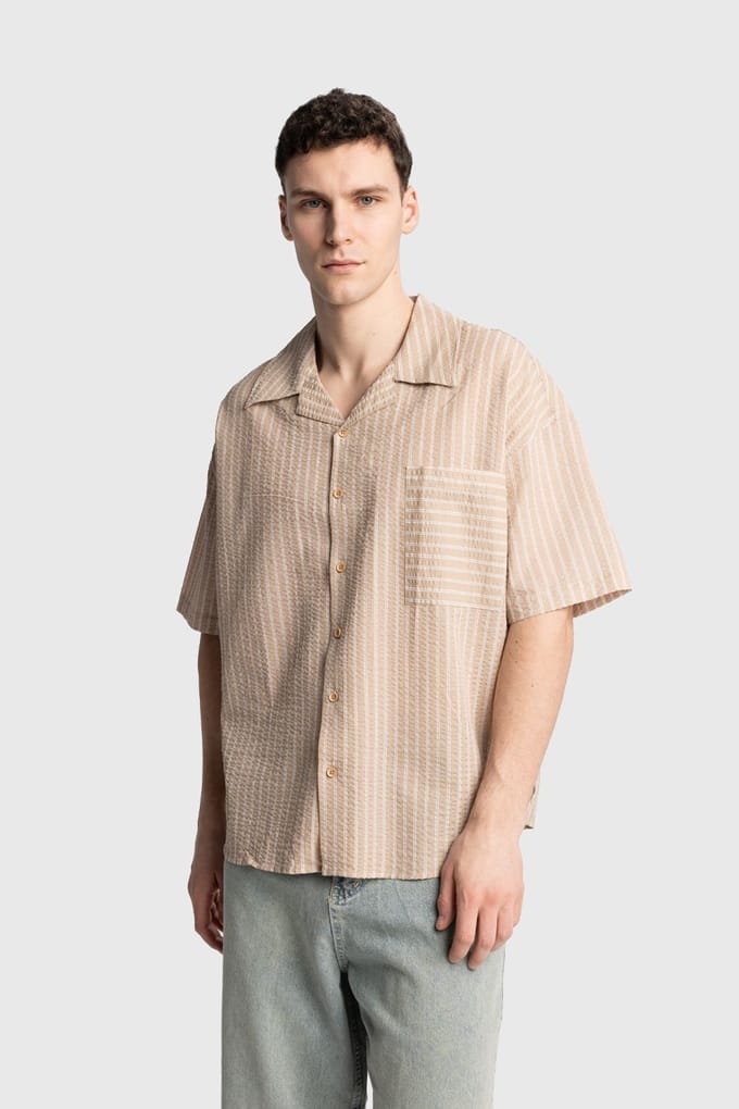 Gestrikte Gestreepte Korte Mouw Shirt met Zak