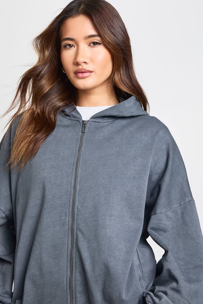 boohoo Dames Gewassen Oversized Ritshoodie Trainingspak | Grijs | Maat: XL