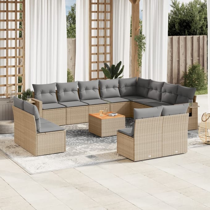 vidaXL - 13-delige - Loungeset - met - kussens - poly - rattan - beige