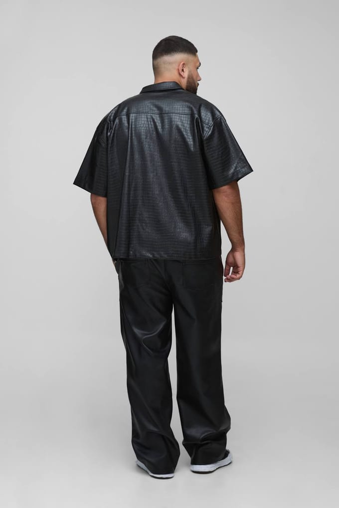Plus Croc PU Zip Up Shirt | Black | Size 3XL