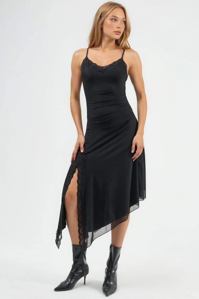Kantdetails Tule Midi Jurk