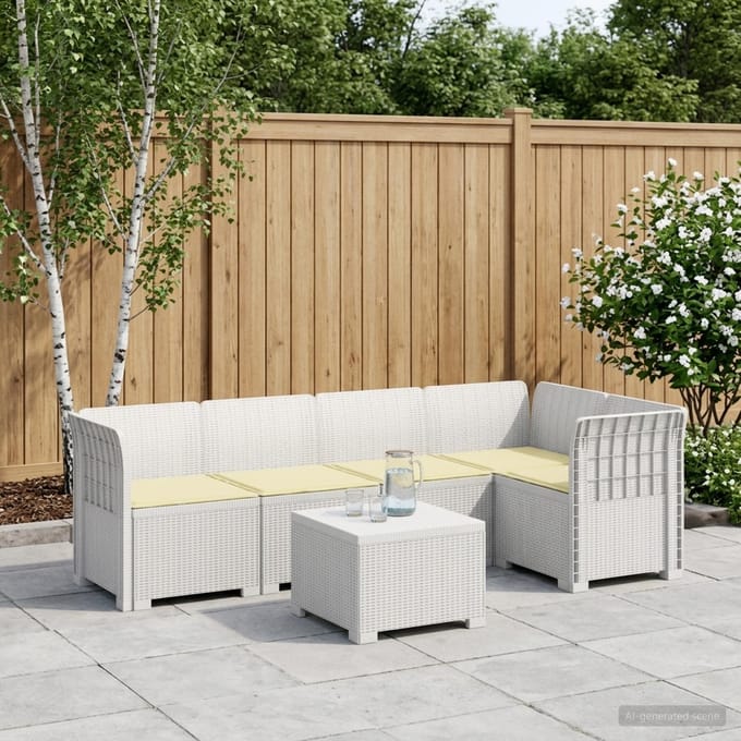 vidaXL - 5-Zits - Tuinbank - met - Kussens - Rattanlook - PP - Wit