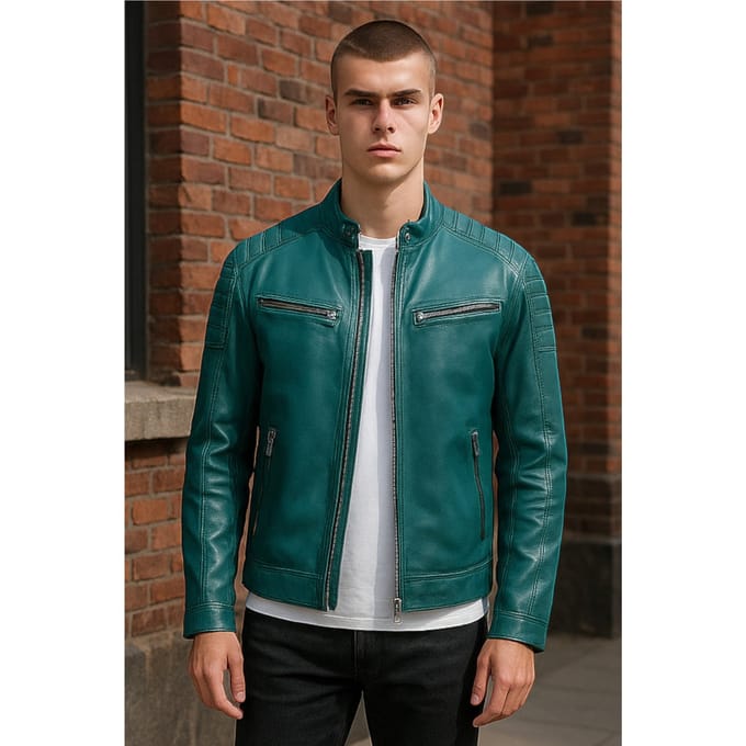 Heren Groen Modern Klassiek Leren Gewatteerd Bikerjack - Smithton