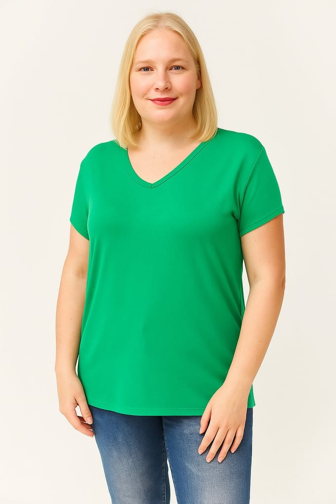 Dames XL V-Hals Basic Kortemouw T-Shirt, Groen