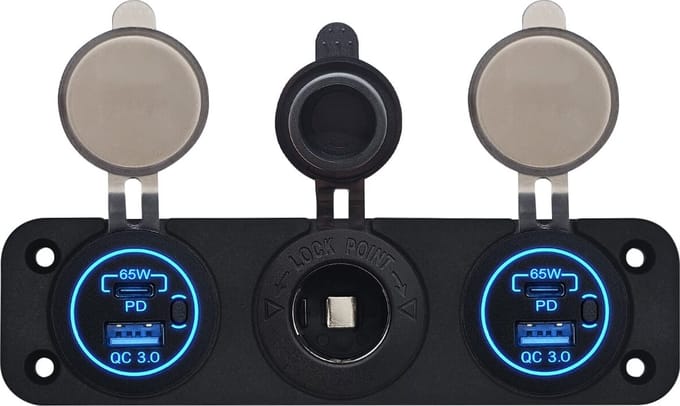 ProRide 12V USB Autolader 2 Poorten - 65W/QC3.0 - Voltmeter en 12V/24V Sigarettenplug - Drievoudig inbouw