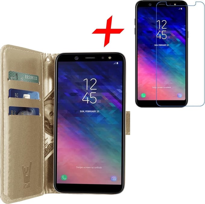 Hoesje geschikt voor Samsung Galaxy A6 2018 - Screen Protector GlassGuard - Book Case Kunstleer Pasjeshouder Goud & Screenprotector