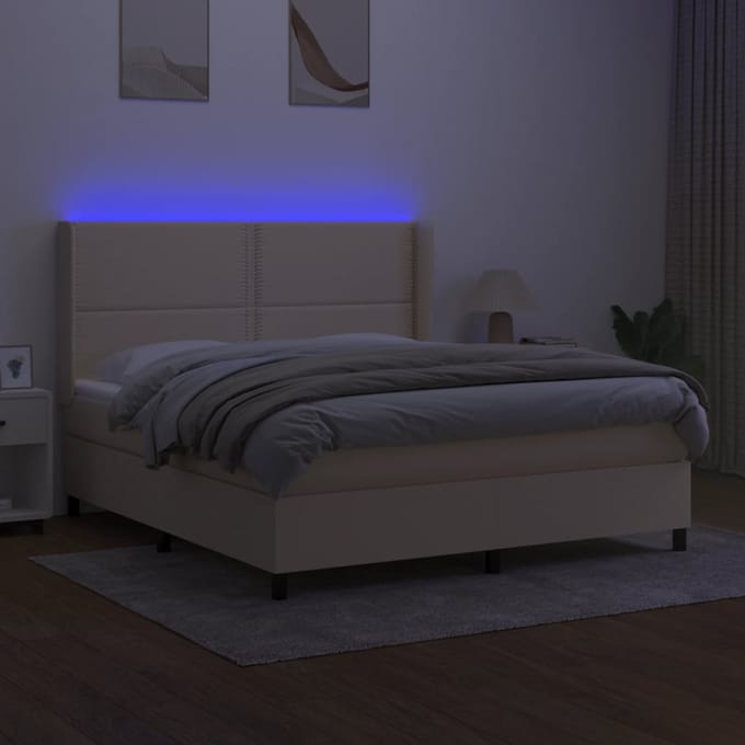vidaXL - Boxspring - met - matras - en - LED - stof - crèmekleurig - 180x200 - cm
