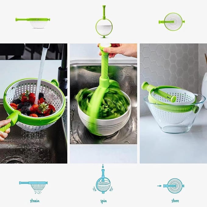 Panier de vidange de cuisine, panier de lavage de salade de fruits et légumes, panier de lavage, passoire à maille rotative, déshydrateur blanc/vert