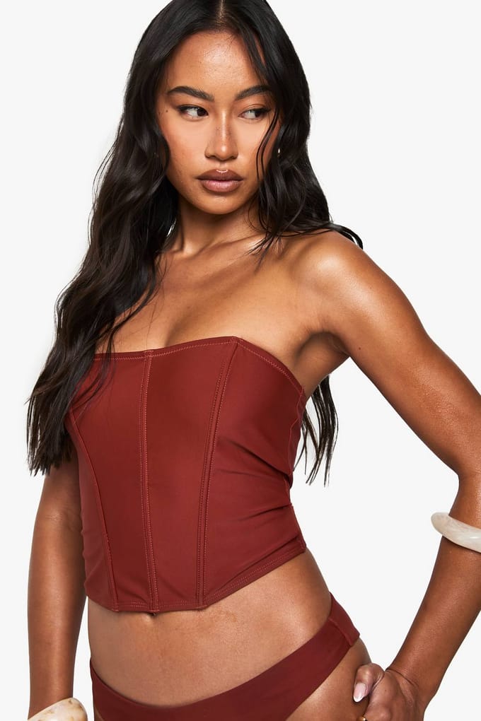 boohoo Dames Premium Corset Detail Tankini Bikini Top | Rust | Maat: 6