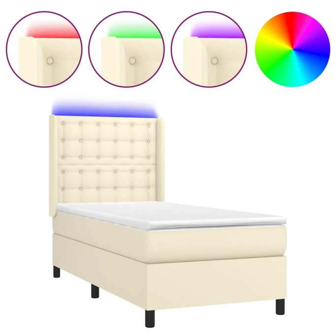 vidaXL - Boxspring - met - matras - en - LED - kunstleer - crèmekleurig - 90x200 - cm