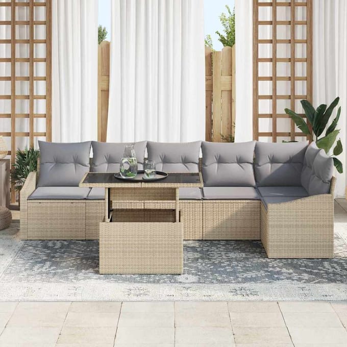 vidaXL - Tuinbank - Set - 7 - st - Beige - en - Lichtgrijs - poly - rattan