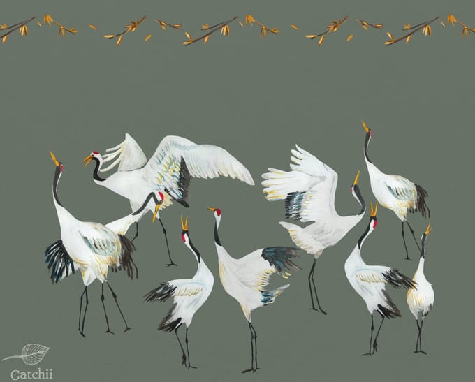 Behang staal Japanese Crane Dance groen