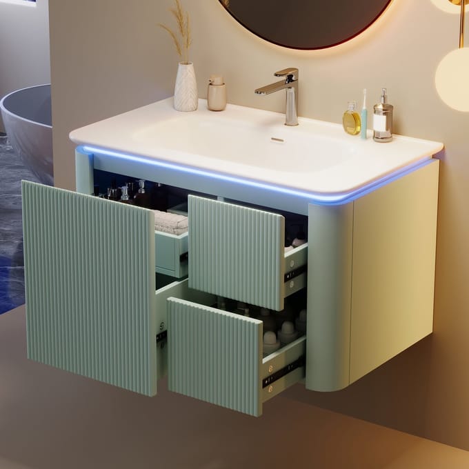 MODFU Wandhangende Wastafelonderkast - Verticale 3D-Structuur - Led-Verlichting Met Bewegingssensor - Modern - Groen - 80,5 X 47,5 X 51 Cm