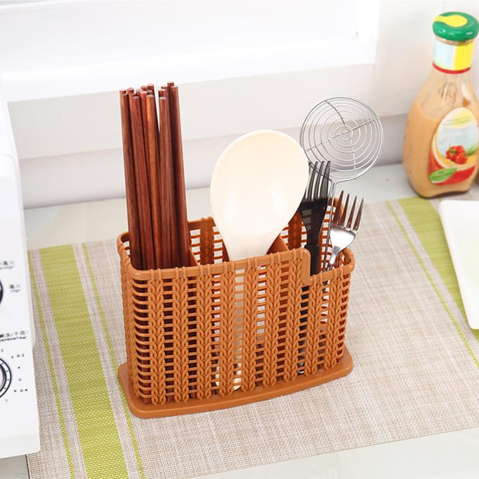 Rotan Weven Afdruipstokjeshouder Drie Vakken Multifunctioneel Bestek Holle Afdruipbak brown
