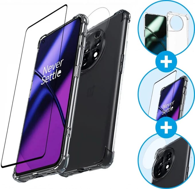 OnePlus 11 Hoesje Schokbestendig Transparant + 9H Tempered Glass Screen Protector + Camera Protector Clear