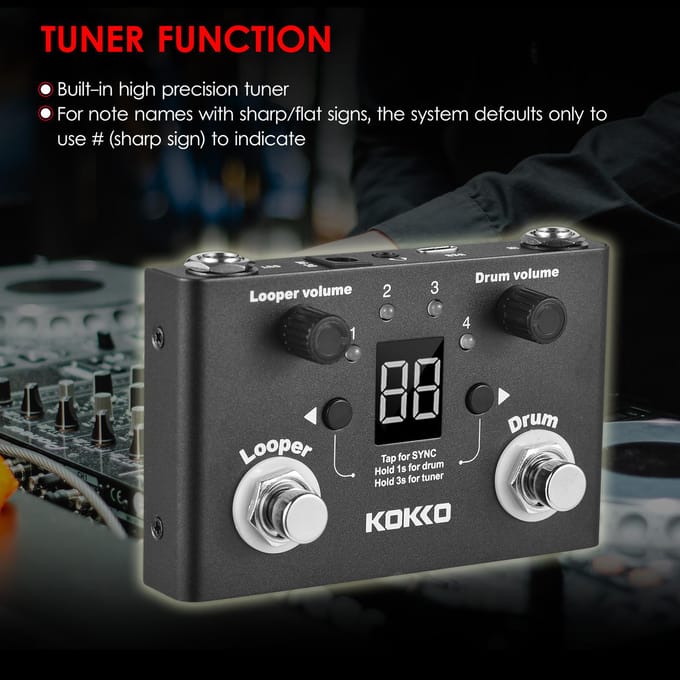 KOKKO multifunctionele drum- en looper-effectpedaaltuner BT Page-Turner Phrase Loop-opnamedrum zwart
