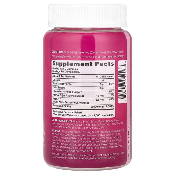 Roze, biotine beauty gummies, natuurlijk fruit, 60 gummies