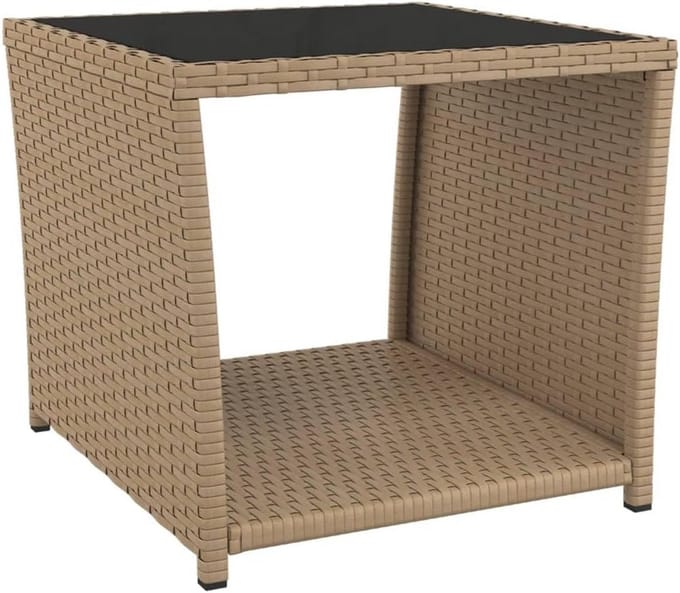 Salontafel met glazen blad en poly rattan voor tuin en terras