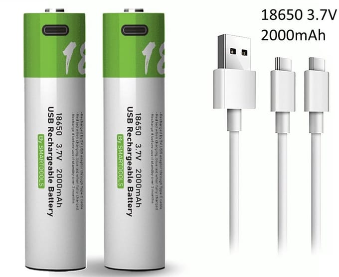 18650 Oplaadbare Li-ion Lithium Batterij Accu USB-C - 2000mAh - 3.7V - Makkelijk oplaadbaar - USB C - Type-C 2-in-1 kabel - 2 Stuks