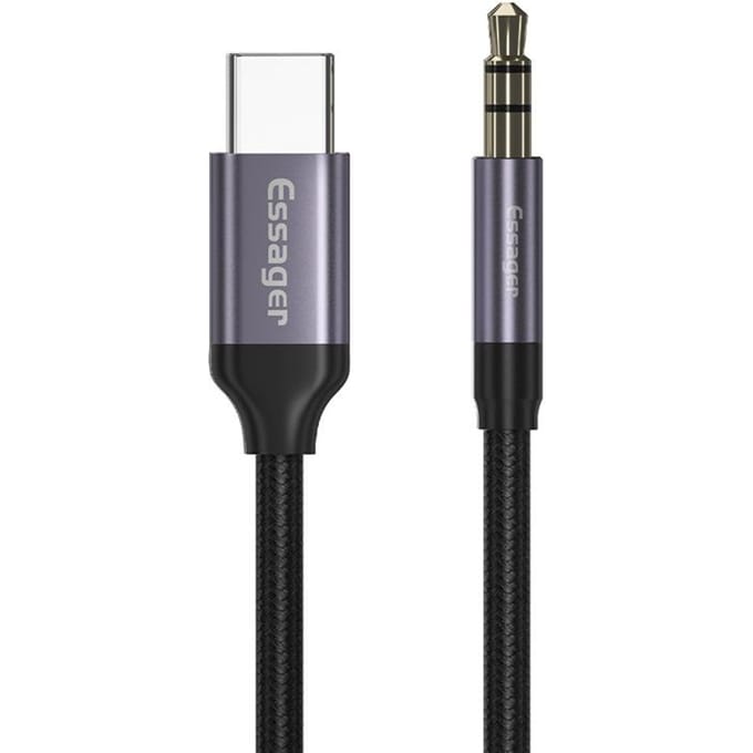 Essager® USB-C naar 3.5mm Jack Aux Kabel DAC Connector 1 meter Grijs -USB C naar 3.5mm Audio Jack | USB C Aux Adapter | 3.5mm Audiojack | 2-in-1 | Type USB-C | USB-C Charge | Adapter | Smartphone 3.5 Audio Jack