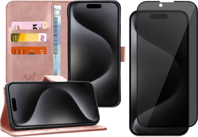 Hoesje geschikt voor iPhone 15 Pro Max - Privacy Screen Protector FullGuard - Book Case Kunstleer Pasjeshouder Rosegoud & Screenprotector
