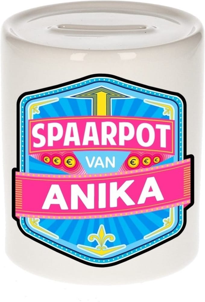 Bellatio Decorations Kinder spaarpot met naam - Anika - keramiek - met dop - wit - Sparen - Spaargeld van Anika