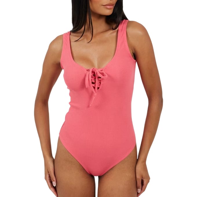 Brave Soul Dames Kanten Bodysuit met Veters (Roze)
