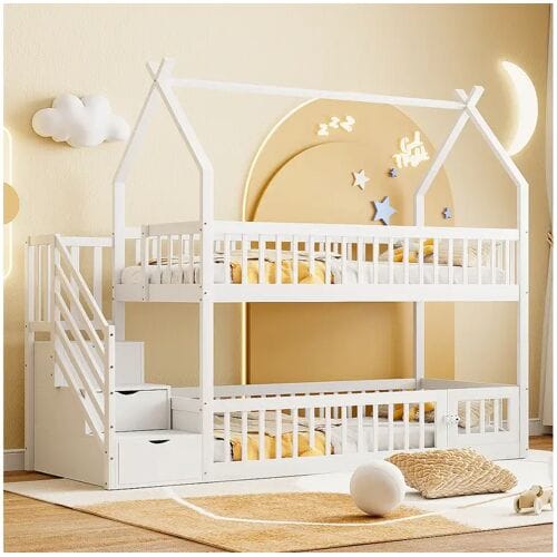 Merax Kinderstapelbed - 2 x 90 x 200 - met opbergtrap + hekken + dak - hout - wit