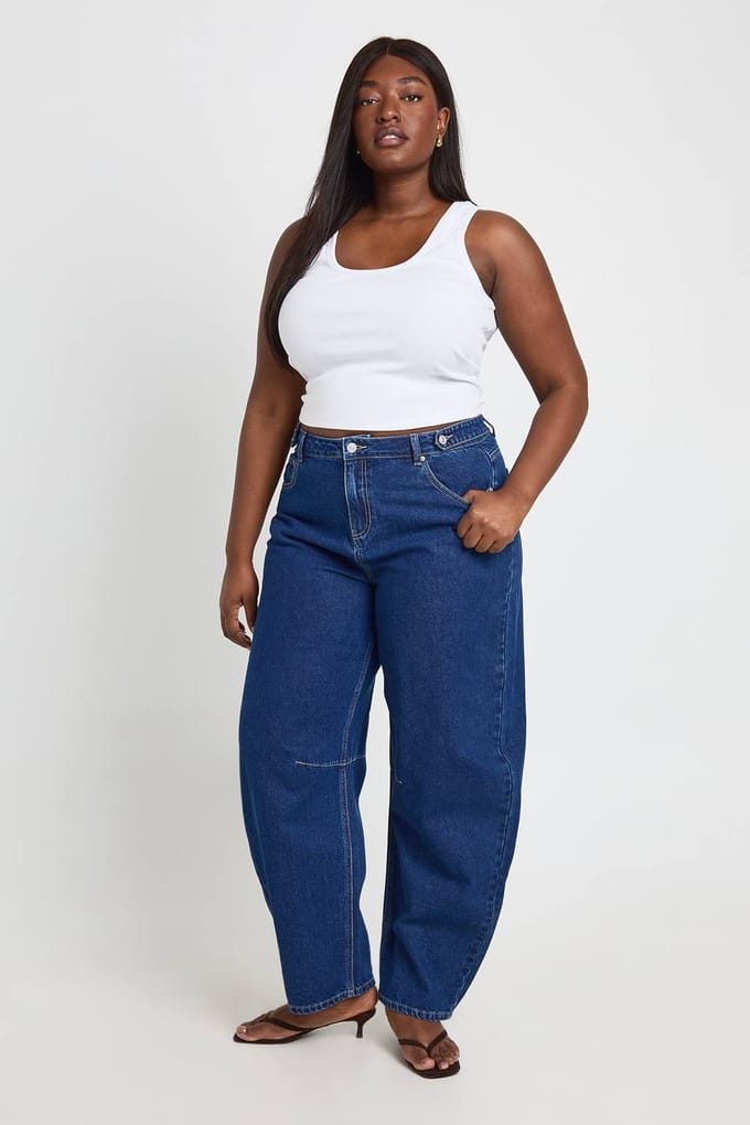 boohoo Dames Plus Hoge Taille Losse Barrel Jeans | Indigo | Maat: 44