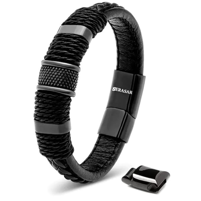 SERASAR Lederen Herenpolsbandje [Ring] - Zwart 17cm - Geweldig-Idee