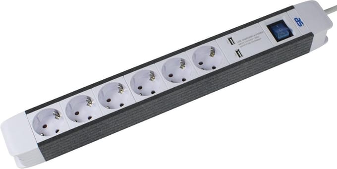 Verlengsnoer met 6 Stopcontacten en 2 USB-Poorten, 1.5 Meter Kabel, Wit