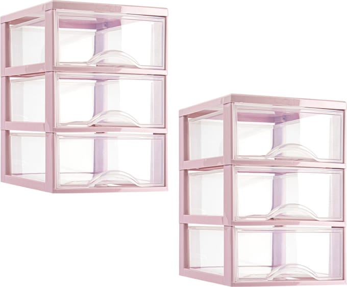 Plasticforte ladeblokje/bureau organizer - 2x - 3 lades - transparant/roze - L18 x B25 x H25 cm