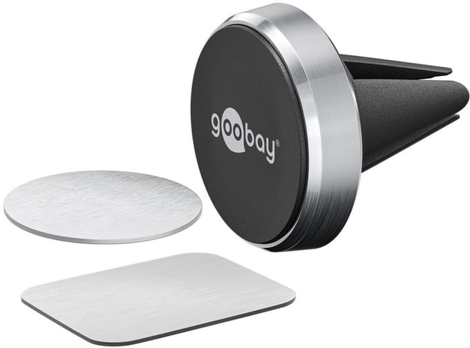 Goobay Magnetische telefoonhouder set voor in de auto, met 1x adapter voor de luchtroosters en 2x metalen platen, quick-snap technologie, plaatsen en verwijderen met één hand, ideaal voor navigatie