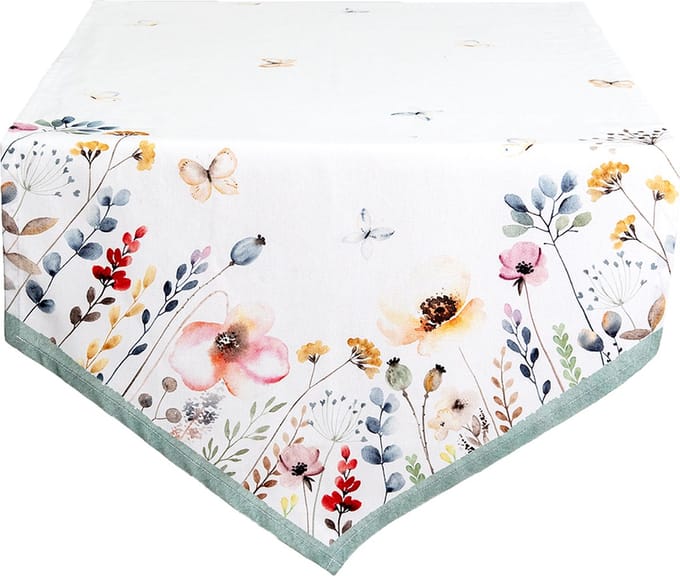 Clayre & Eef Tafelloper 50x160 cm Wit Groen Katoen Bloemen Tafelkleed