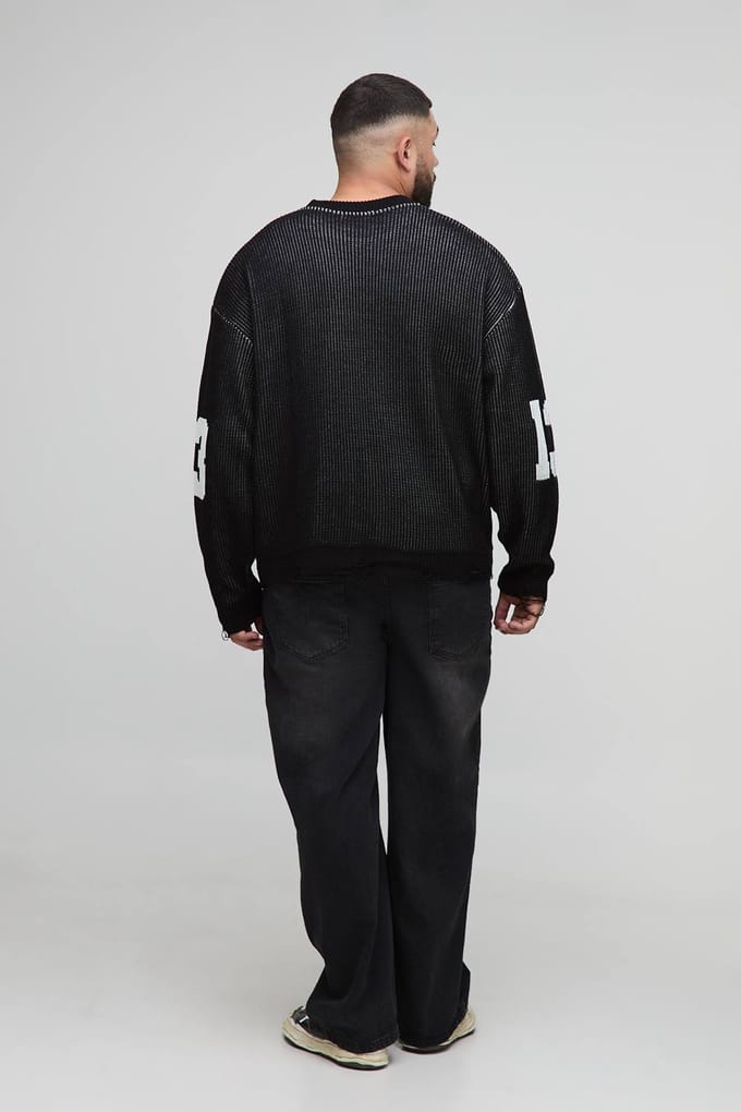Plus Ribbed Knit Oversized Distressed Varsity Jumper | Black | Size 2XL