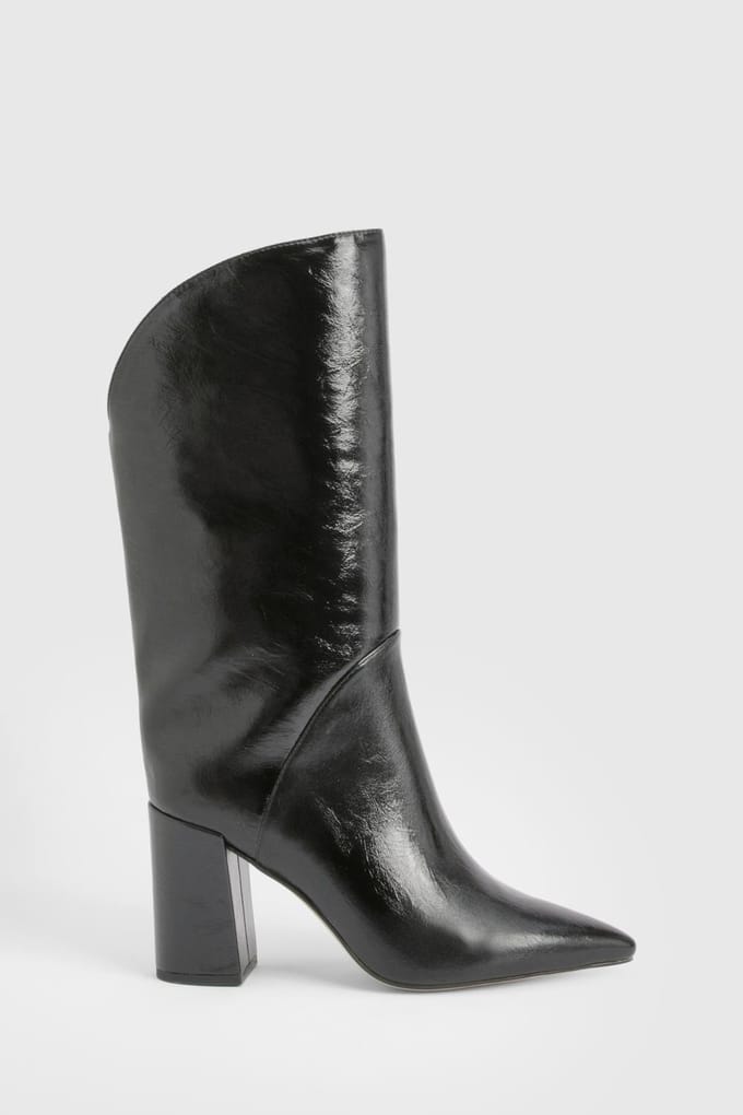 boohoo Dames Gebogen knielaarzen met blockhakken | Black | Maat: 8