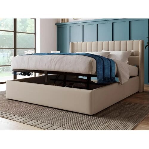 ModernLuxe Gestoffeerd opbergbed 160x200cm in linnen met lattenbodem - Beige