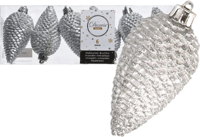 Kerstboom decoratie kerstbal dennenappels zilver 6 stuks