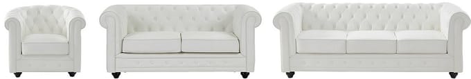 Vente-unique Fauteuil en twee- en driezitsbank in wit kunstleer – - CHESTERFIELD