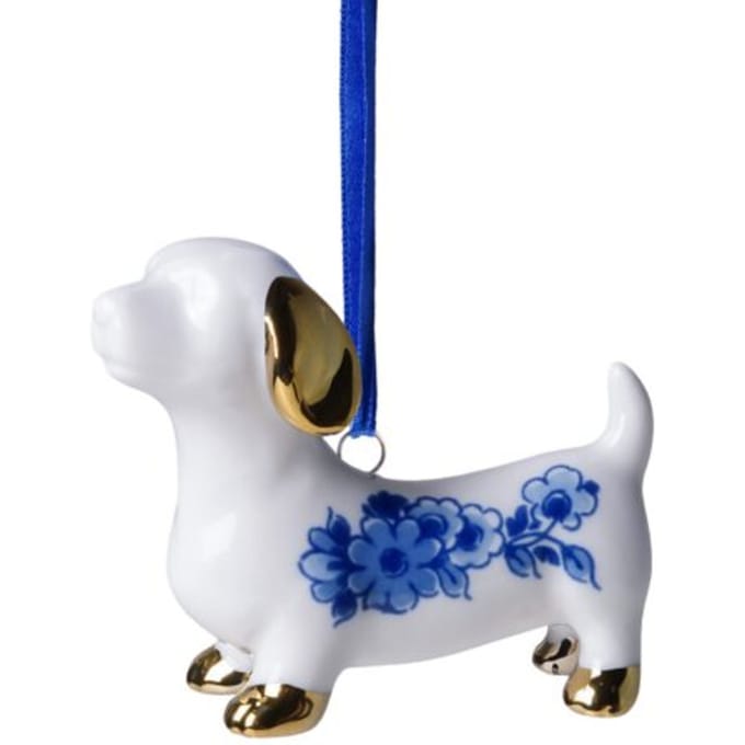Heinen delfts blauw kerstornament - teckel, 5,5 cm