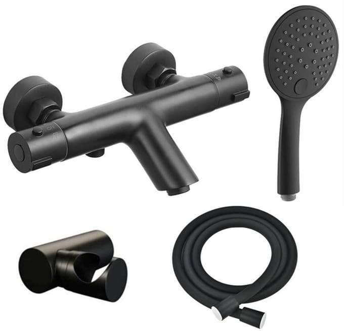 FugaFlow Efficiente Sobrado thermostatische bad-/douchekraan met handdouchehouder, doucheslang en 3-standen handdouche mat zwart -