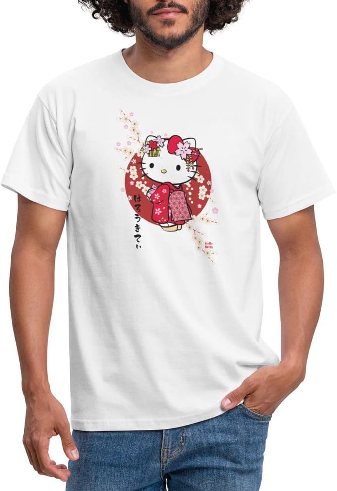 Hello Kitty In Een Rode Kimono En Kersenbloesems T-Shirt Heren