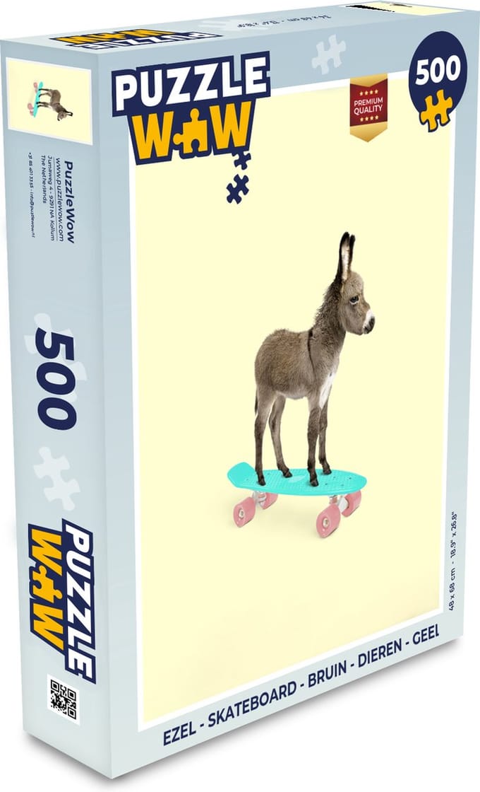 Puzzel Ezel - Skateboard - Bruin - Dieren - Geel - Legpuzzel - Puzzel 500 stukjes