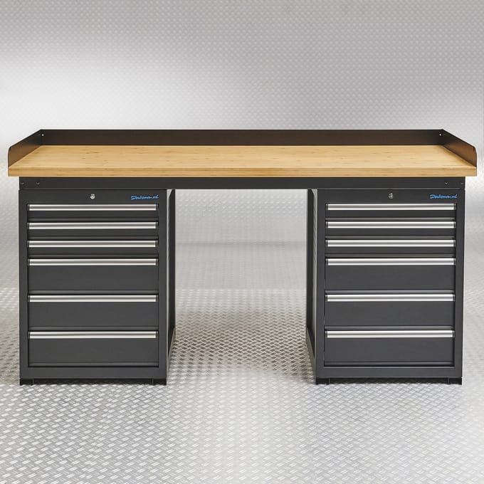 Datona® Werkbank PRO - eiken werkblad - 12 lades - 200 cm - Zwart
