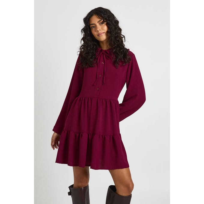 boohoo Dames Geplooide Ruches Kraag Smock Jurk | Plum | Maat: 8